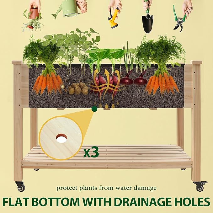 BlueWish 48 W x 24 D x 33 H Planter Boxes Outdoor Cedar Garden Bed with Detachable Black Liner Drainage Holes Storage Shelf Raised Beds for Gardening Vegetable Flower