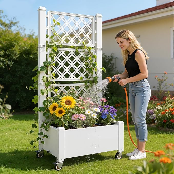 Miory 60 Raised Garden Bed with Trellis &amp Wheels Vertical Gardening Planter Box with Water Level Indicator and Drainage System for Garden Outdoor Patio Balcony
