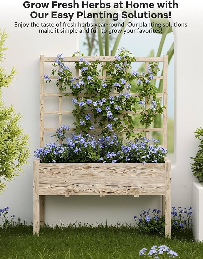 Raised Garden Bed with Trellis 46x23x65 Elevated Planter Box with Legs Outdoor Wood Standing Planter with Bed Liner for Patio Balcony Backyard Climbing Plants Flowers Vegetables &amp Herbs