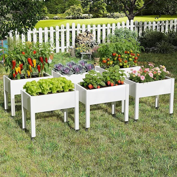 Raised Garden Bed with Legs 26.3 Tall Elevated Planter Box with Drainage Holes Water Gauge Lockable Wheels Weatherproof Resin Design for Vegetables and Flowers for Backyard Patio Balcony(White)