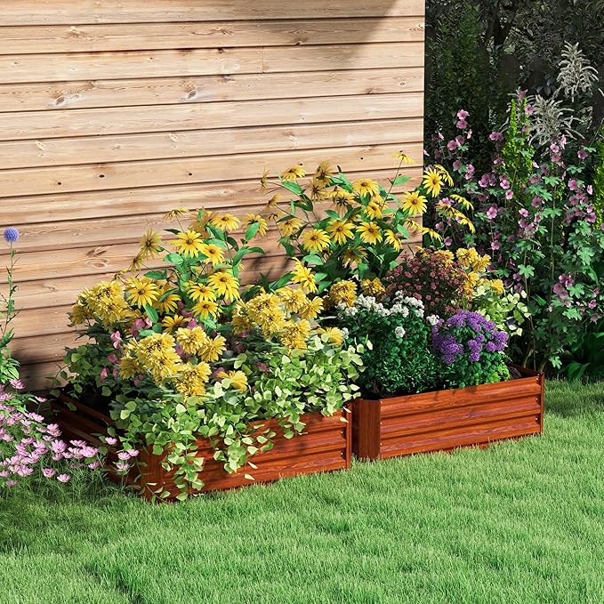 Outsunny 2 Piece Galvanized Raised Garden Bed 3.3' x 3.3' x 1' Metal Planter Box for Growing Vegetables Flowers Herbs Succulents Dark Brown