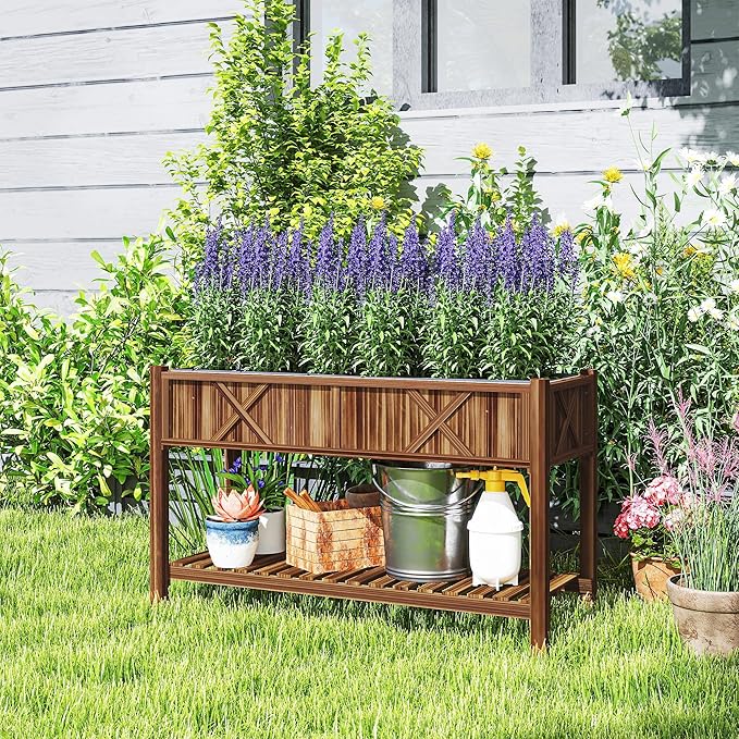 Outsunny Raised Garden Bed Elevated Wood Planter Box with Storage Shelf Drainage Holes and Liner for Backyard Patio Balcony 47 x 22 x 31.5 in Carbonized