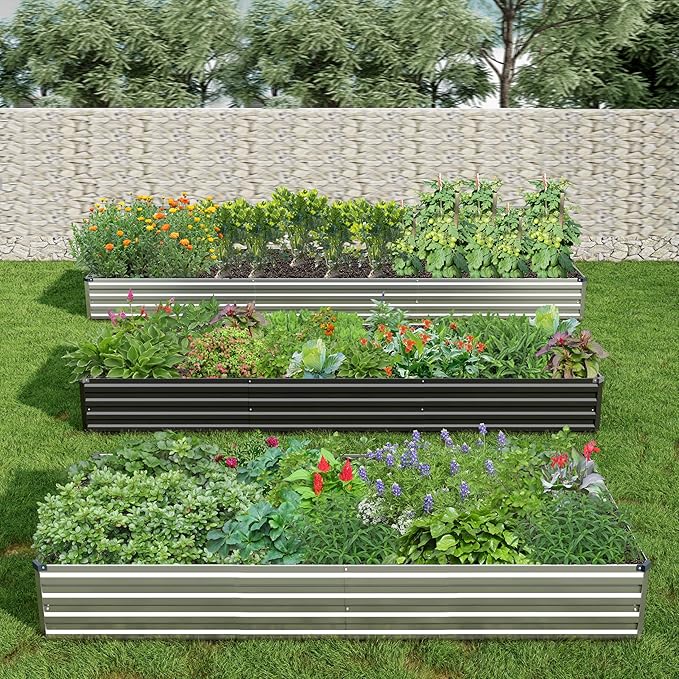 2PCS 12x3x1ft Galvanized Raised Garden Bed KitMetal Planter Box for VegetablesFlowersHerbs Durable Rust-Resistant Patio Gardening BedsSilver