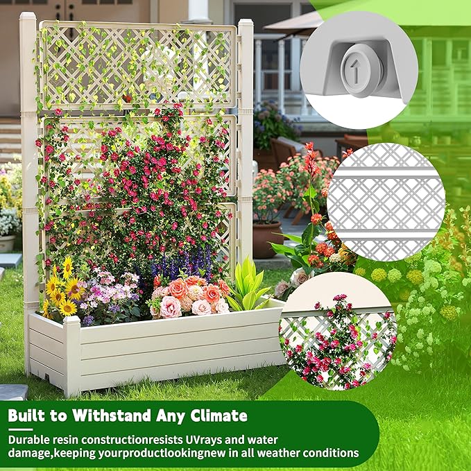 21 Gallon Raised Garden Bed with Trellis Self Watering Raised Planter Box with Drainage Holes and Gauge for Climbing Plants Vegetables and Flowers Durable Anti-Rust Resin for Backyard Patio
