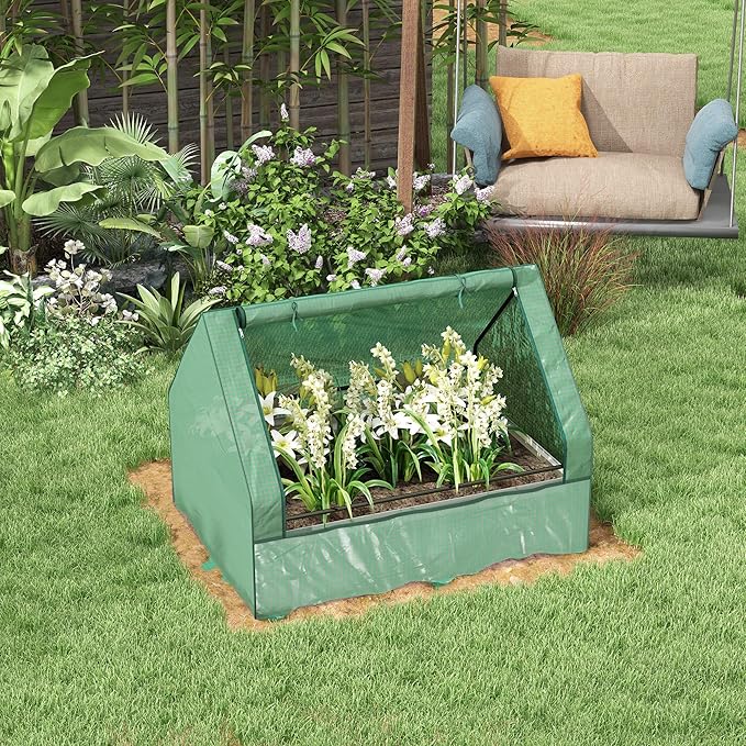 Raised Garden Bed with Greenhouse Galvanized Outdoor Planter Box with Cover for Herbs and Vegetables Use for Patio Garden Balcony Green Cover and Silver Planter