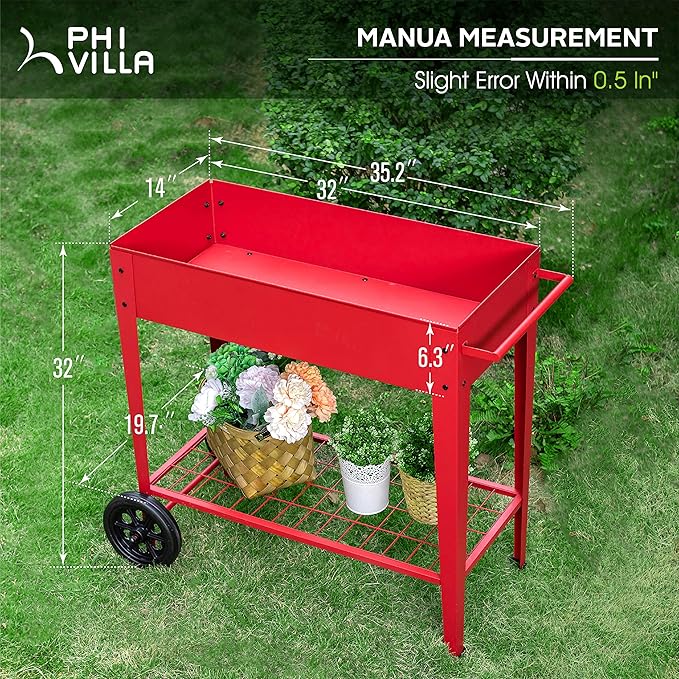 PHI VILLA Raised Garden Bed Planters for Outdoor Plants with Legs Planter Box with Wheels for Herb/Vegetables/Flower/PatioRed