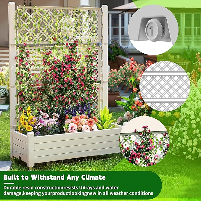 21 Gallon Raised Garden Bed with Trellis Self Watering Raised Planter Box with Wheels Drainage Holes and Gauge for Climbing Plants Vegetables and Flowers Anti-Rust Resin for Backyard Patio
