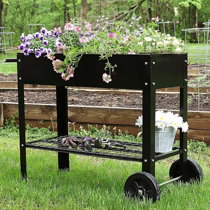 Sunnydaze 43-Inch Galvanized Steel Raised Garden Bed with Legs - Outdoor Elevated Planter Box with Wheels for Vegetables - Black