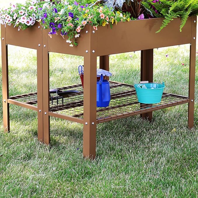 Sunnydaze Galvanized Steel Raised Garden Bed - Set of 2 Elevated Planter Boxes - Individual or Connected Use - Features Lower Storage Shelf - Brown
