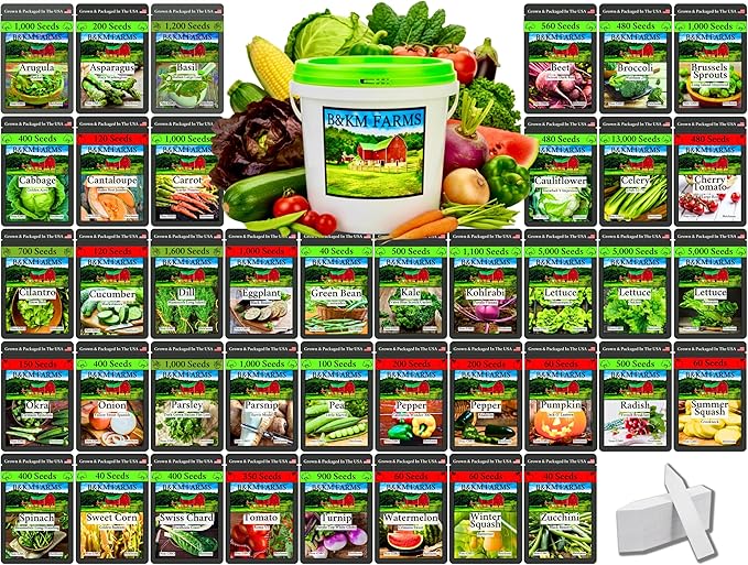B&ampKM Farms 25000+ Heirloom Vegetable Seed Vault - 40 Non-GMO Varieties for Home Gardening &amp Food Security - Long-Term Mylar Storage in Weather-Resistant Reusable Pail - Made in USA