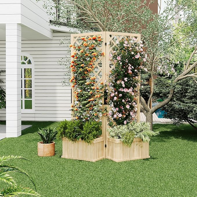 Planter Box with Trellis- 41x10x65 Freestanding 2-Panel Garden Divider with Raised Bed &amp Drain Holes | Privacy Planters for Patio Deck Backyard | Planter with Trellis for Climbing Plants