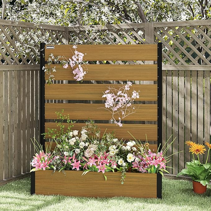 Vertical Screen Planter Bed - Raised Garden Box with Trellis for Climbing Plants Durable Privacy Fence Planter for Outdoor Patio Deck Aluminum Frame Brown