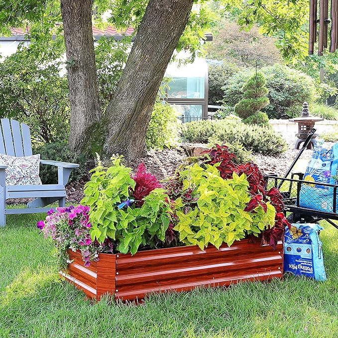 Sunnydaze 48-Inch Galvanized Steel Raised Garden Beds - Rectangle Planter for Vegetables and Flowers - Woodgrain - Set of 2