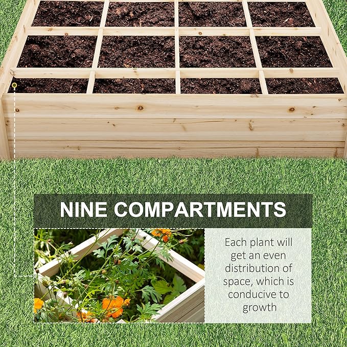 Raised Garden Bed Kit 4' x 4' Outdoor Wooden Planter Box with 9 Growing Grids for Plants and Herbs