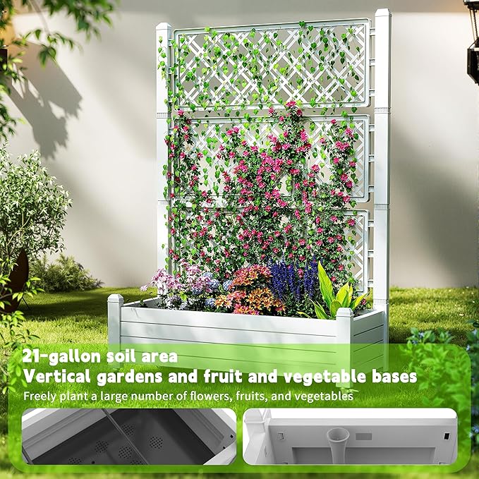 21 Gallon Raised Garden Bed with Trellis Self Watering Raised Planter Box with Wheels Drainage Holes and Gauge for Climbing Plants Vegetables and Flowers Anti-Rust Resin for Backyard Patio