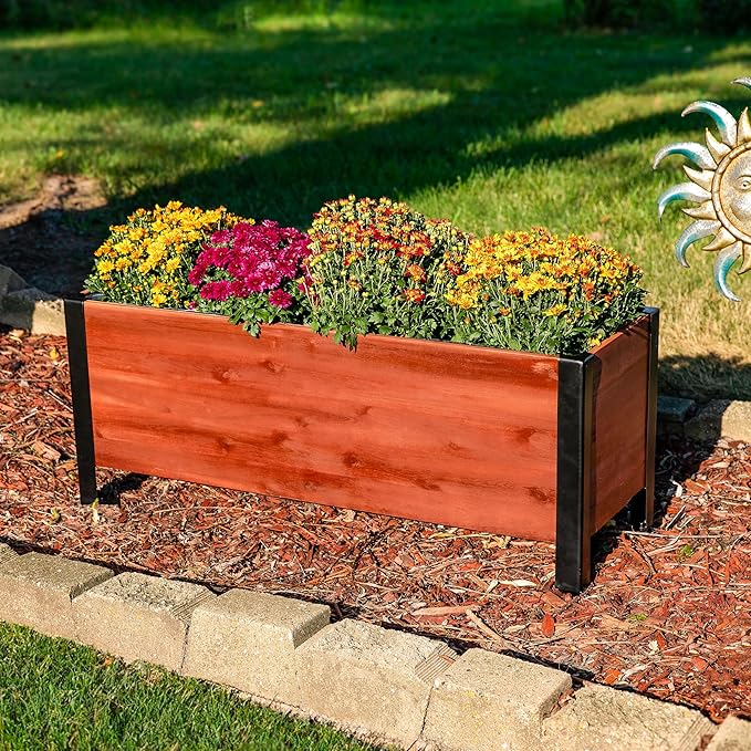Sunnydaze Acacia Wood Rectangular Planter Box - 14.75 H Wooden Raised Garden Bed with Removable Polyethylene Planter Bag - Brown