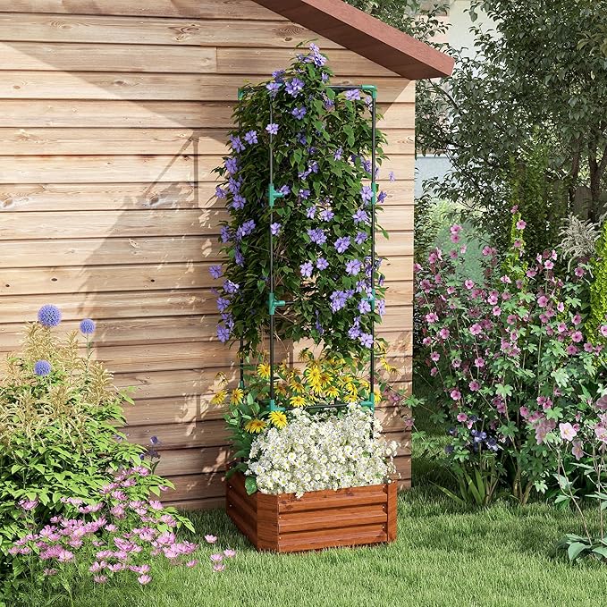 Galvanized Raised Garden Bed 24 x 24 x 11.75 Outdoor Planter Box with Trellis Tomato Cage and Open Bottom for Climbing Vines Vegetables Flowers in Backyard Garden Patio Brown