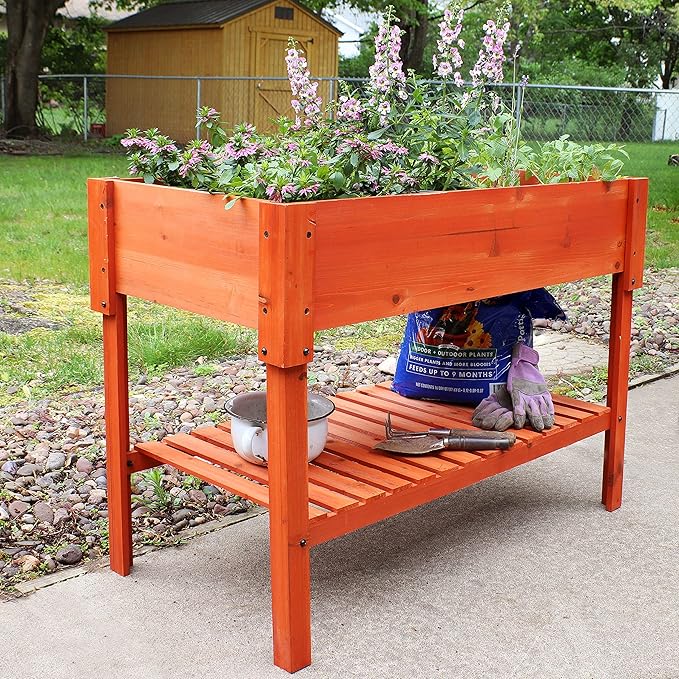 Sunnydaze 42-Inch Wooden Outdoor Raised Garden Bed with Lower Shelf for Flowers Herbs and Vegetables - Stained Finish