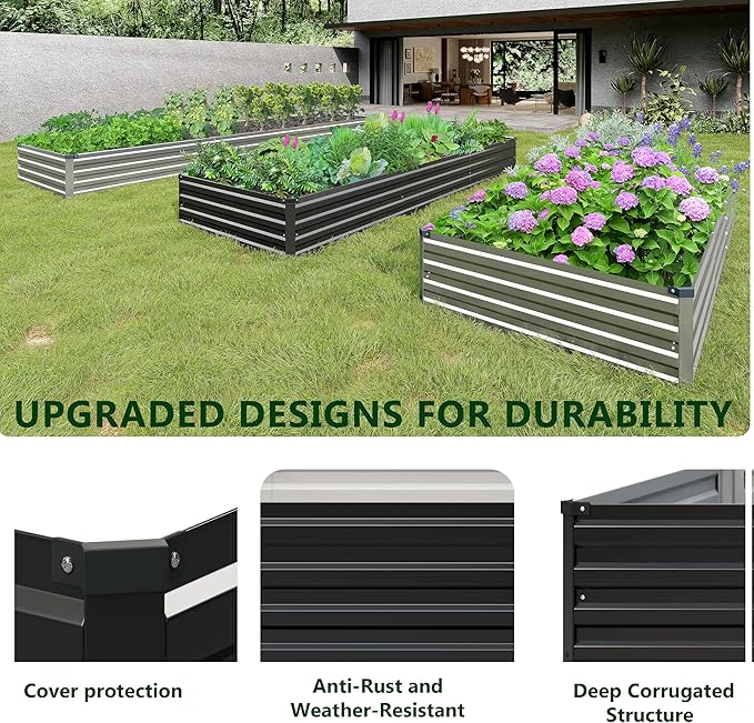 2PCS 8x4x1ft Galvanized Raised Garden Bed KitMetal Planter Box for VegetablesFlowersHerbs Durable Rust-Resistant Patio Gardening BedsBlack