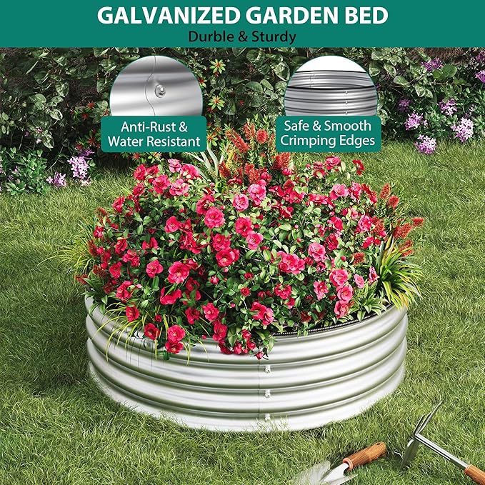 Round Raised Garden Bed 1PCS 2 x 1ft Galvanized Raised Boxes with Rust-Resistant Easy Assembly Safe Edge Metal Garden Bed Kit for Planting Vegetables Fruits Flowers Silver