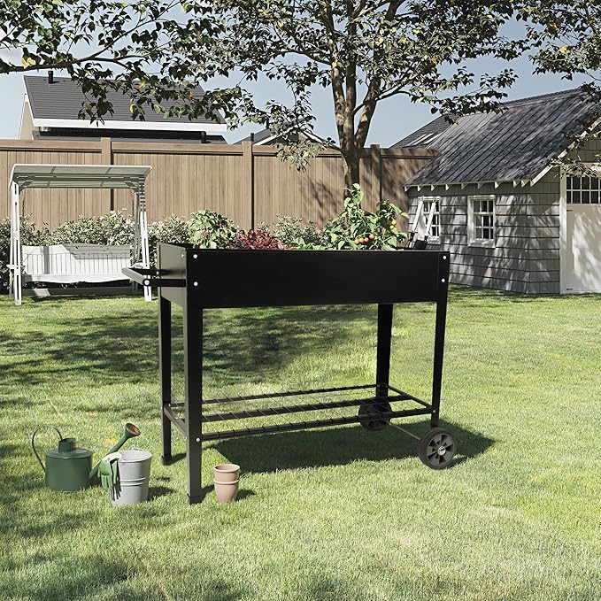 Home-Complete Raised Garden Bed - Planter Box with Storage Shelf for Growing Flowers Vegetables or Herb Garden - Gardening Supplies (Black)