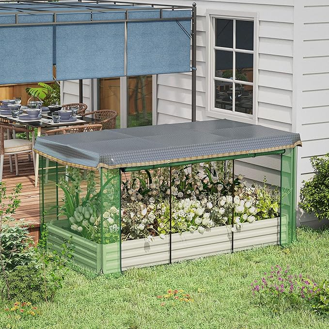 Outsunny 7.3 x 3.4 x 1 ft Galvanized Raised Garden Bed with Crop Cage Plant Protection Net and Shade Cloth Roof Metal Planter Box with Cover for Vegetables Flowers Herbs Beige