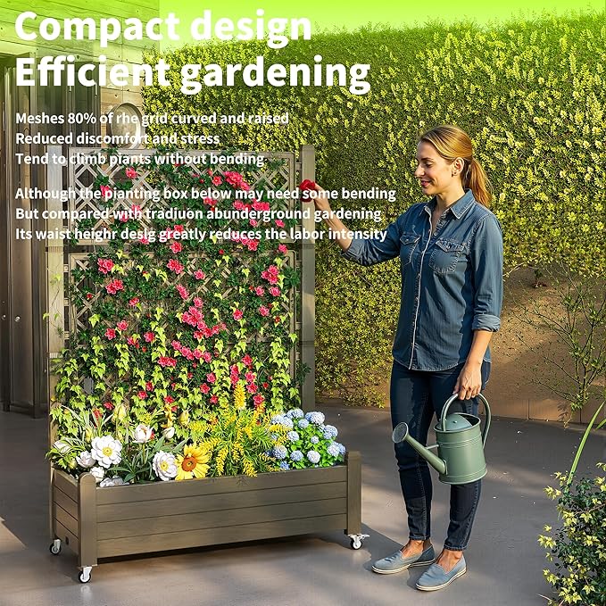 Elevated Raised Garden Bed with TrellisOutdoor Large Resin Patio Planter Box with Lockable Wheels Drain PlugWater Monitor for Plants Vegetables Flowers Fruits (Grey 43.43 * 18.27 * 64.29)