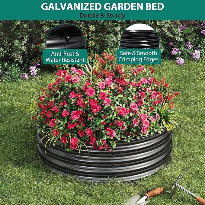 Round Metal Raised Garden Bed Kit 1 PCS 2 x 1FT Galvanized Planter Boxes with Safety Edge – Rustproof Open Bottom Easy Assembly – Ideal for Vegetables Fruits Flowers Silver