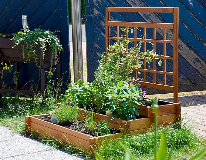 raised bed three-level Peru wooden with climbing trellis: planter box cold frame construction kit for vegetables brown 110x88x115 cm 58185FSC