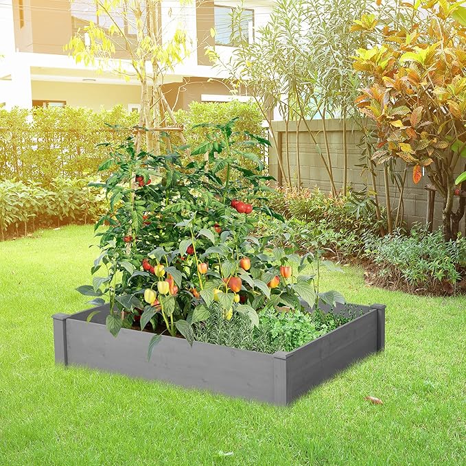 Raised Garden Bed 48x48x10'' Outdoor Wood Planter Box Over Floor Tool-Free Assembly