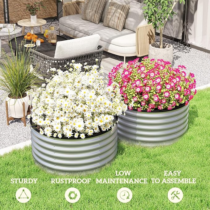 Set of Two 0.6mm Galvanized Steel Garden Beds 35.4 Dia x 16.9 H – Open Base Drainage-Optimized Rubber Edge Safety Silver