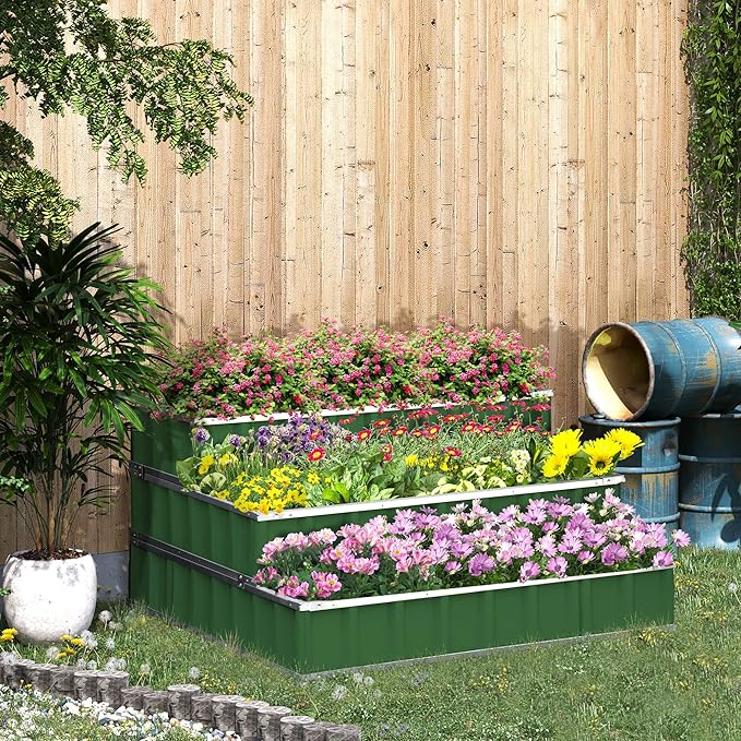 3 Tier Raised Garden Bed Color Steel Raised Garden Bed w Pair of Glove 47''x 47''x 25'' for Backyard Patio to Grow Vegetables Herbs and Flowers Green