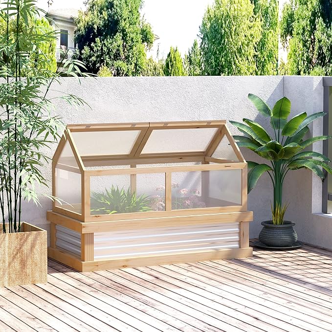 Raised Garden Bed with Polycarbonate Greenhouse Wooden GCold e Greenhouse Flower Planter Protection 48 x 24 x 32 Natural