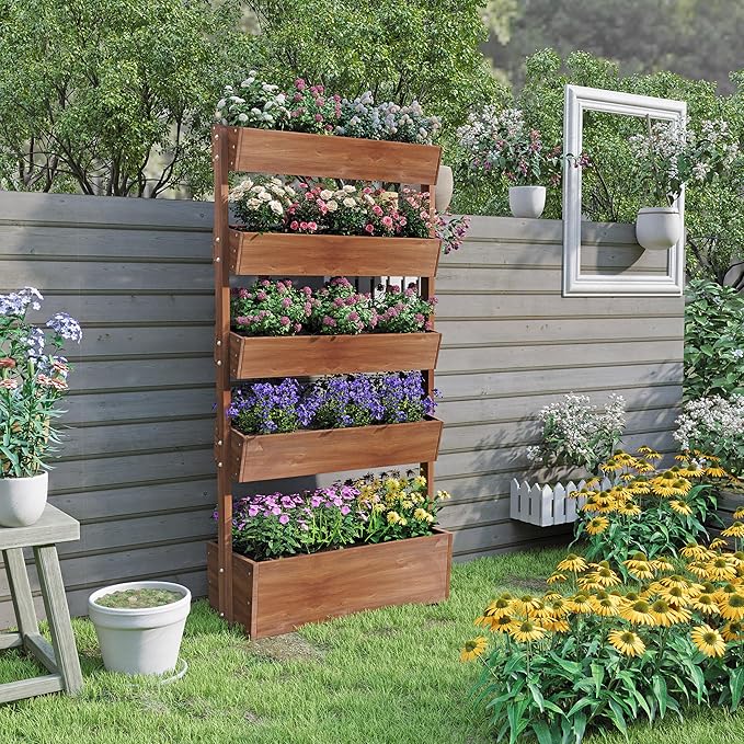 Vertical Raised Garden Bed5 Tier Wooden Garden PlantersAdjustable Freestanding Plant Stand Flower RankWooden Planters for Outdoor Indoor Balcony GardenHerb Vegetables Flowers33x17x66Brown