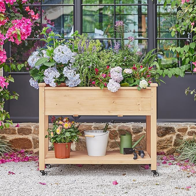 Topeakmart Solid Wooden Raised Garden Bed Vegetable Elevated Planter Kit Grow Gardening Box with Legs Storage Shelf &amp Wheels 42x23x33in