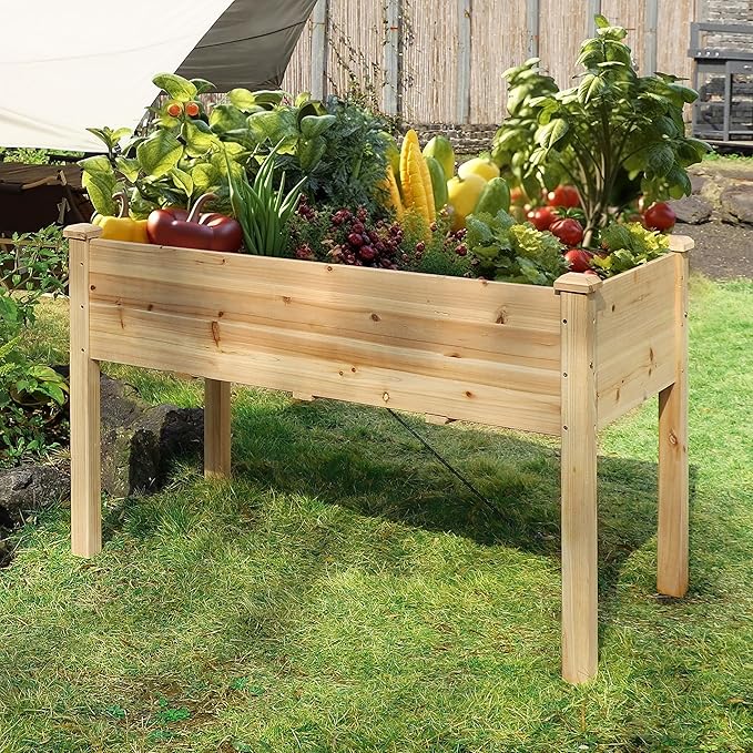 VEIKOU Raised Garden Bed Planter Box with Liner Drainage Holes Outdoor Raised Garden Bed with Legs for Vegetable Flower Herb 220 lbs Capacity Natural Wood