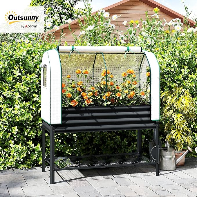 Outsunny Galvanised Raised Garden Bed with Greenhouse Cover Metal Elevated Garden Bed with Legs Bed Liner and Bottom Shelf Outdoor Raised Planter Box for Vegetables Herbs Flowers Black