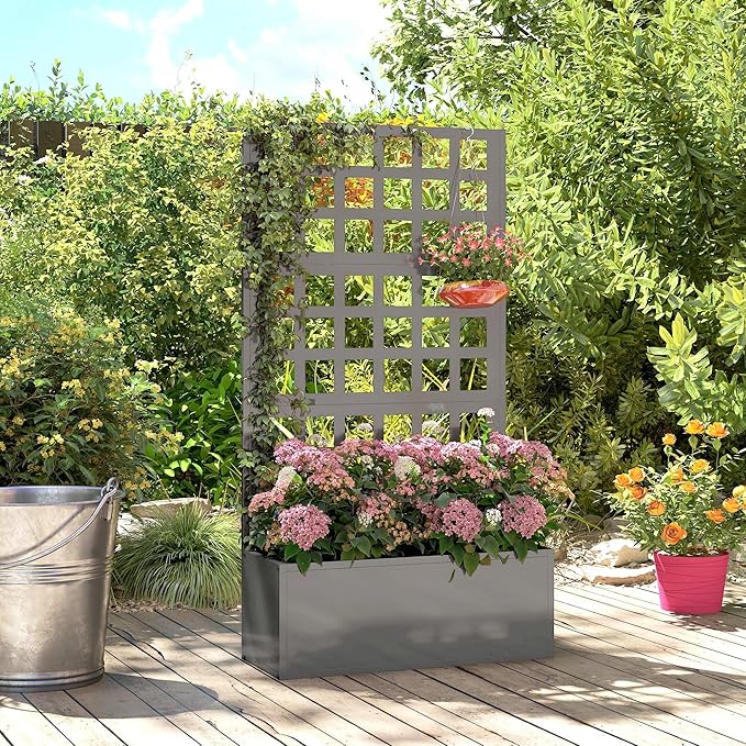 Outsunny Galvanized Raised Garden Bed with Trellis Metal Planter Box with Drainage Holes Outdoor Privacy Screen for Climbing Plants Vegetable Vines 24 x 9 x 44.5 Gray