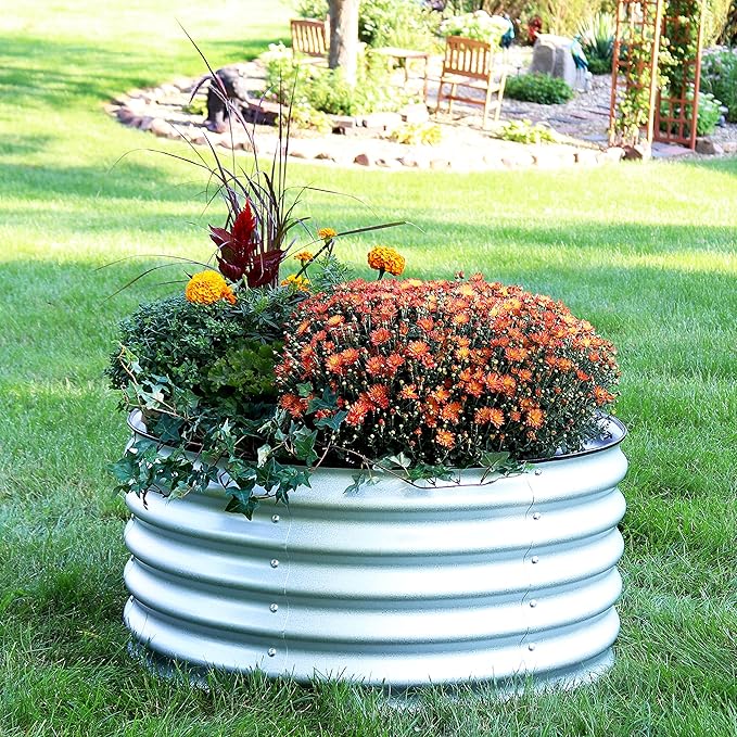 Sunnydaze 35.5-Inch Round Metal Raised Garden Bed - Galvalume Steel Garden Bed with Rubber Edge Trim - Silver