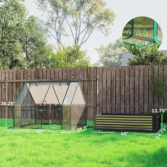 Outsunny 4 x 3 x 3ft Raised Garden Bed with Mini Greenhouse Galvanized Raised Garden Bed with Cover for Herbs and Vegetables Small Greenhouse for Patio Garden Balcony Clear and Dark Gray