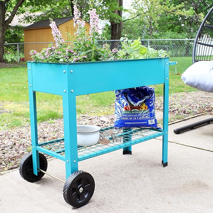 Sunnydaze 43-Inch Galvanized Steel Raised Garden Bed with Legs - Outdoor Elevated Planter Box with Wheels for Vegetables - Blue