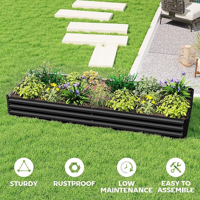 Outsunny Galvanized Raised Garden Bed 8' x 3' x 1' Metal Planter Box for Growing Vegetables Flowers Herbs Succulents Black