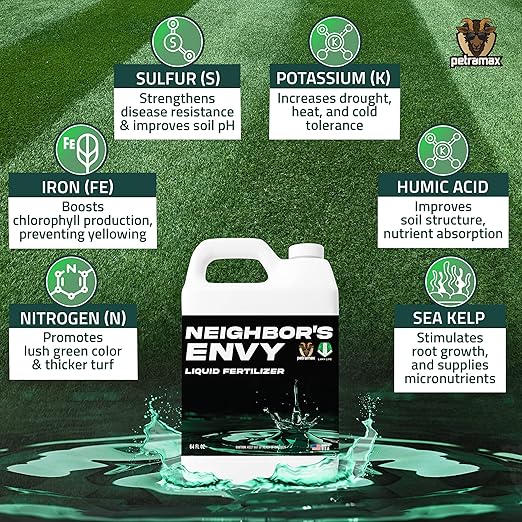 PetraMax Neighbor’s Envy Grass Fertilizer for Lawn &amp Garden 64 Ounce Covers up to 8000 sq.ft. 7-in-1 Liquid Lawn Fertilizer Concentrate for Deep Green Turf - Includes Nitrogen/Iron/Humic/Sea Kel