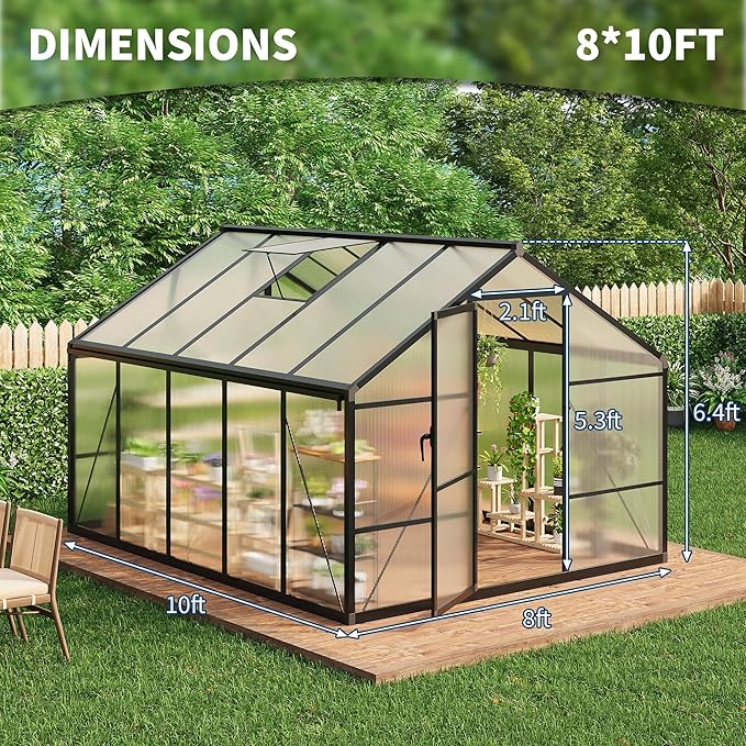 8x10 FT Greenhouse Greenhouses for Outside Polycarbonate Greenhouse with Aluminum Frame Lockable Door and Ajustable Roof Vent for Backyard Green Houses for Outside Garden Backyard Patio