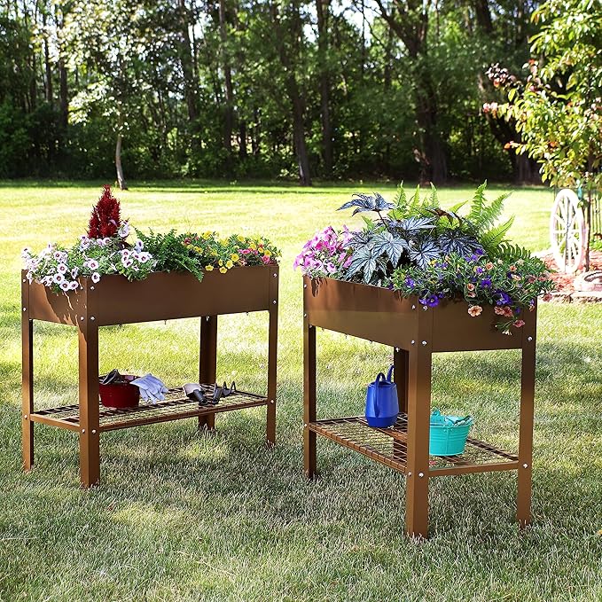 Sunnydaze Galvanized Steel Raised Garden Bed - Set of 2 Elevated Planter Boxes - Individual or Connected Use - Features Lower Storage Shelf - Brown