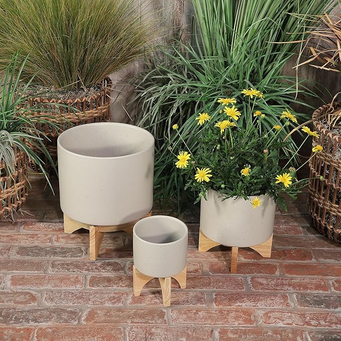 Generic 10 Planter W Wood Stand Matte Beige