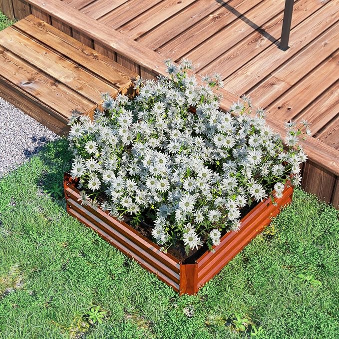 Outsunny 2 Piece Galvanized Raised Garden Bed 3.3' x 3.3' x 1' Metal Planter Box for Growing Vegetables Flowers Herbs Succulents Dark Brown