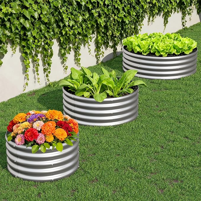 2PCS 3x3x1FT Galvanized Raised Garden Bed KitVegetable Boxes-Round Metal Flower BoxLarge Planter Raised Beds Outdoor Garden for PlantingFruitHerb-Silver