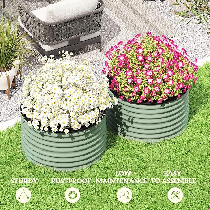 2-Count Durable Premium Quality Heavy-Duty Metal Raised Garden Bed Featuring Safety Edging and Easy Assembly in Light Green Finish