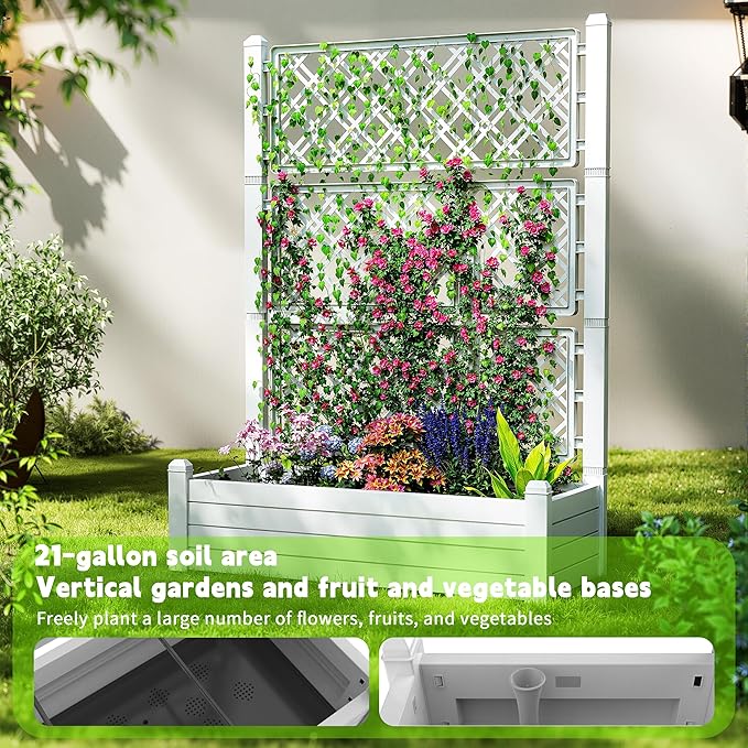 21 Gallon Raised Garden Bed with Trellis Self Watering Raised Planter Box with Drainage Holes and Gauge for Climbing Plants Vegetables and Flowers Durable Anti-Rust Resin for Backyard Patio